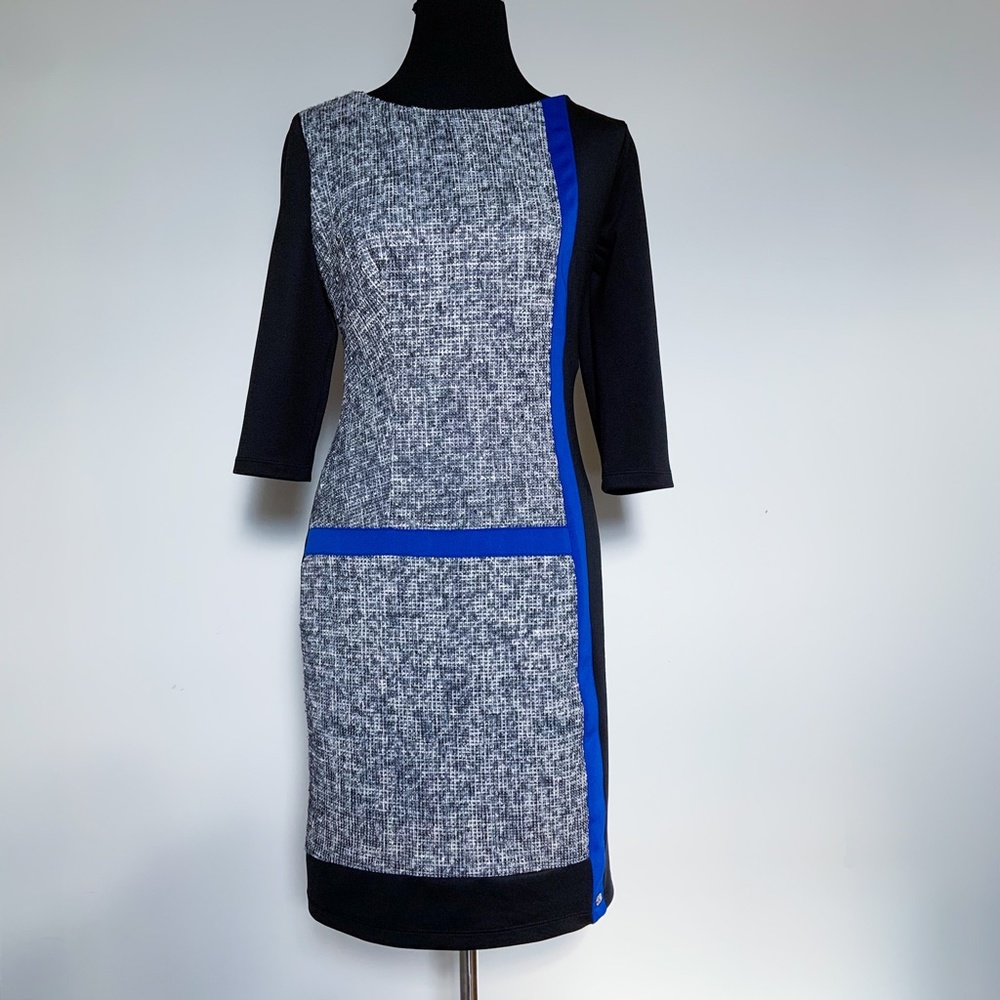 Stretch Mini Dress Modern Little Black Short Dress Grey Blue Accents 3/4 sleeve